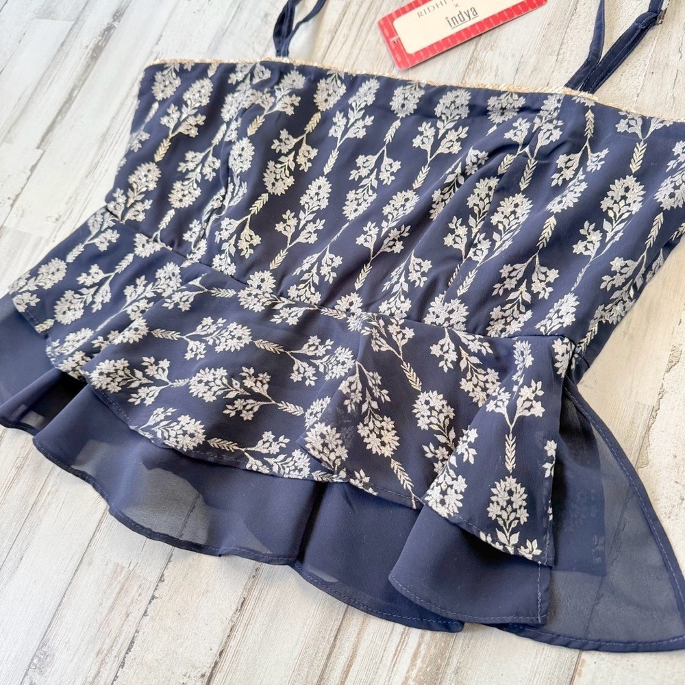 Ridhi Mehra x Indya Navy Blue Peplum Cami Top Metallic Floral Women's M NWT - Picture 4 of 16